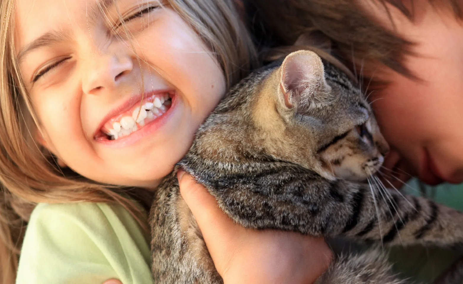 A girl snuggling a kitten and smiling